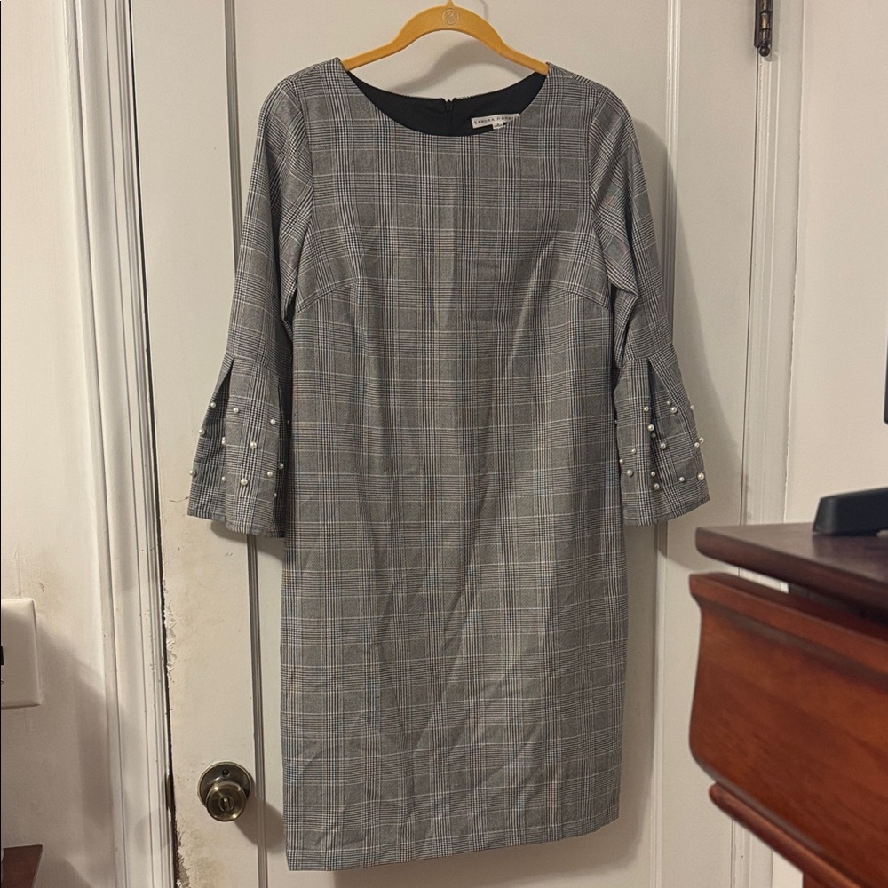 Sandra Darren Gray Plaid Dress with Pearl Sleeve Details size 6